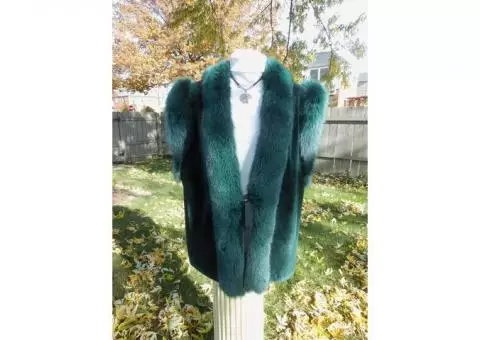 Beautiful Genuine Sheared Beaver and Fox Fur Tuxedo Vest - Hunter Green